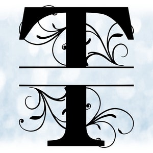 Clipart de palavra: Moldura de nome dividida Preto Estilo formal Letra maiúscula Inicial / Monograma "T" com cachos florais/redemoinhos - Download digital SVG e PNG