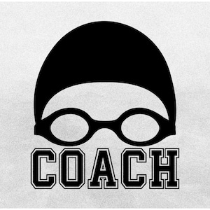 Sports Clipart: Black Swim Cap and Goggles with Bold College Varsity Word "COACH" for Swimming Coaches - Digital Download svg png dxf pdf