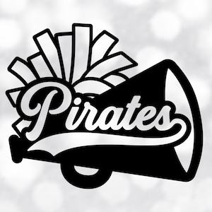 Sports Clipart: Black Cheerleader Megaphone with Pom Pom Outline with Script "Pirates" School Mascot Name - Digital Download svg png dxf pdf