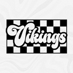 Sports Clipart: Team Mascot Name "Vikings" in Groovy Retro Style Cutout of Black Checkered Background - Digital Download svg png dxf pdf
