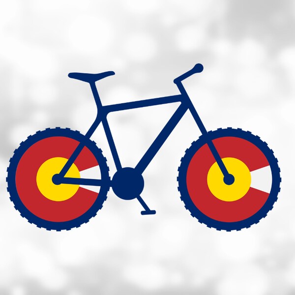 Shape Clipart: Bicycle / Mountain Bike Frame, Wheels/Tire Treads with Round Version of Colorado Flag in Wheels - Digital Download SVG & PNG