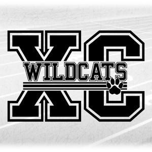 May include: Black and white graphic of the letters "XC" with the word "WILDCATS" in between the letters. A paw print is to the right of the word "WILDCATS".