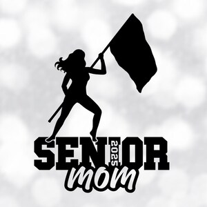 Sports Clipart: Black Color Guard Silhouette with Flag on Pole, Word "SENIOR", Year 2025, and Word "MOM" - Digital Download svg png dxf pdf