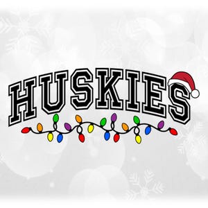Holiday Clipart: Black Arched Team Mascot Name "Huskies" with Santa Hat and String of Christmas Lights - Digital Download svg png dxf pdf