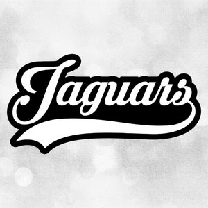 以下が含まれることがあります： 「Jaguars」という単語をスタイリッシュな手書き風フォントで黒と白で表現したグラフィック。下に白い野球風のアークがある。