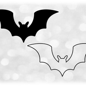 Animal Clipart: Simple Black Flying Bat Silhouette in Solid and Outline - Change Color with Your Own Software - Digital Download SVG & PNG