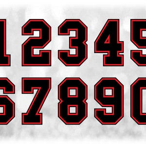 Sports: Jersey Number Templates Grouped on ONE Single Sheet - Black with Red Inline Layer Digital Download SVG - Not Installable Font File