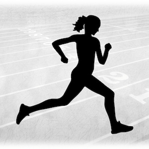 Sports Clipart: Simple Black Silhouette of Female / Girl / Woman Runner with Curly Ponytail in Running Stance - Digital Download SVG & PNG