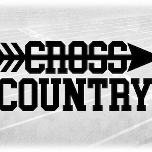 Clipart de esportes: silhueta do símbolo de seta combinada com palavras pretas em negrito do bloco universitário "Cross Country" - download digital SVG e PNG