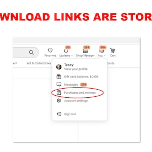 May include: A screenshot of a website showing a user's account menu. The menu options include: View your profile, Gift card balance, Messages, Purchases and reviews, Account settings, and Sign out.