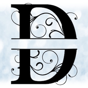Clipart de palavra: Moldura de nome dividida preta estilo formal inicial de letra maiúscula / monograma "D" com cachos florais/redemoinhos - download digital SVG e PNG