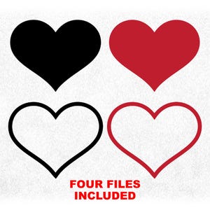 Holiday Clipart Bundle: Four Files Black and Red Hearts in Solid and Outline for Love or Valentine's Day - Digital Download svg png dxf pdf