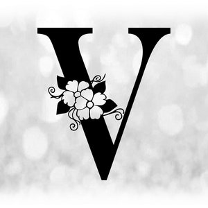 Word Clipart: Negro formal letra mayúscula "V" con acentos florales / florales - Cambiar color con su propio software - Descarga digital SVG y PNG