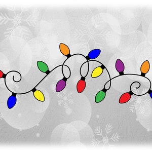 May include: A string of colorful Christmas lights with a rainbow color scheme, against a white background with a snowflake pattern.