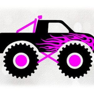 Auto/Automobil Clipart: Schwarzer Monster Truck mit dunkelrosa Feuerflammen Rollleiste und Licht - Layering Optionen - Digital Download SVG & PNG