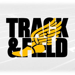 Sports Clipart: Black Bold Words "Track & Field" with Yellow Mercury or Hermes Winged Track Shoe Overlay - Digital Download svg png dxf pdf