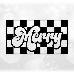 Holiday Clipart: Word "Merry" in Groovy Retro Style Cutout of Black Checkered Background for Christmas - Digital Download svg png dxf pdf
