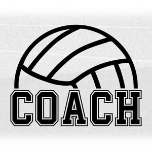 Pode incluir: Design gráfico preto e branco de uma bola de voleibol com a palavra "COACH" em letras em negrito e em bloco.