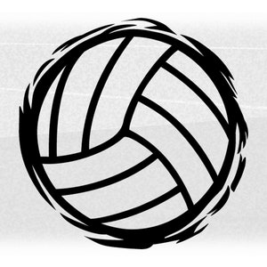 May include: Black and white illustration of a volleyball with a rough, textured outline.