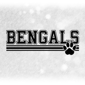 Sports Clipart: Black Bold "Bengals" Team Mascot Name in Varsity Style above Stripes with Paw Silhouette - Digital Download svg png dxf pdf