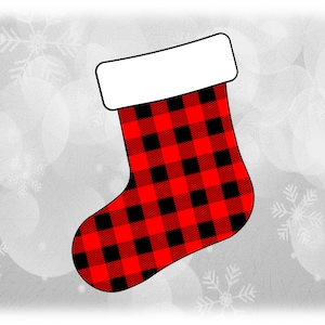 May include: A red and black plaid Christmas stocking with a white cuff.