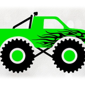 May include: A green monster truck with black flames on the side and large black tires.