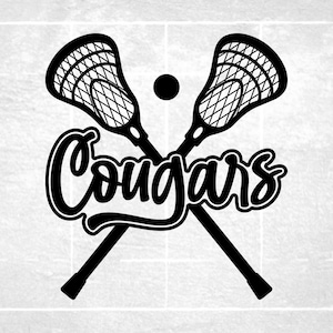 Sports Clipart: Black Split Lacrosse Sticks and  Ball with Team Name "Cougars" in the Middle - Digital Download svg png dxf pdf