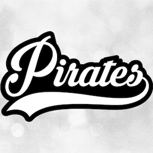 Sports Clipart: "Pirates" Team Name in Baseball Style w/ Swoosh Underline White on Black, Change Color Yourself - Digital Download SVG & PNG