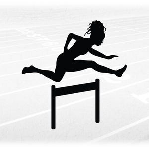 Sports Clipart: Black Silhouette of Track & Field Female / Woman Hurdler with Curls/Locs Jumping Hurdle - Digital Download svg png dxf pdf