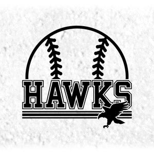 Sports Clipart: Black Half Baseball/Softball with "Hawks" Team Mascot Name with Bird Silhouette - Digital Download svg png dxf pdf