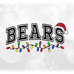 Holiday Clipart: Black Arched Team Mascot Name "Bears" with Santa Hat and String of Christmas Lights - Digital Download svg png dxf pdf