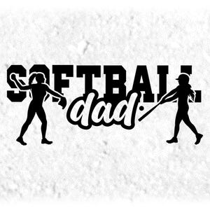 Sports Clipart: Black Varsity Word "Softball" with Script Style Word "Dad" Cutout and Player Silhouettes - Digital Download svg png dxf pdf