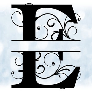 Clipart de palavra: Moldura de nome dividida Preto Estilo formal Letra maiúscula Inicial / Monograma "E" com cachos florais/redemoinhos - Download digital SVG e PNG