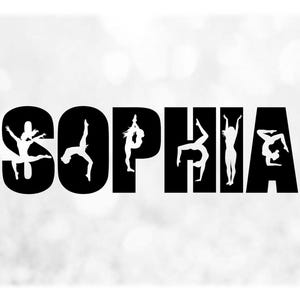 May include: The name "SOPHIA" is spelled out in black letters with a silhouette of a gymnast in each letter.