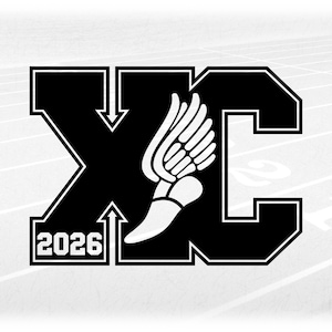 Sports Clipart: Black College Style "XC" for Cross Country with Winged Track Shoe and Year 2026 Cutout - Digital Download svg png dxf pdf