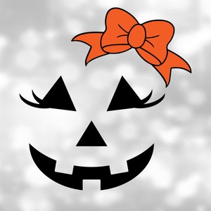Holiday Clipart: Halloween Smiling Girl / Female Pumpkin Face or Jack-o-Lantern w/ Eyelashes, Orange Bow - Digital Download svg png dxf pdf