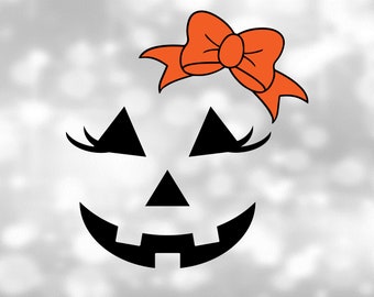 Holiday Clipart: Halloween Smiling Girl / Female Pumpkin Face or Jack-o-Lantern w/ Eyelashes, Orange Bow - Digital Download svg png dxf pdf