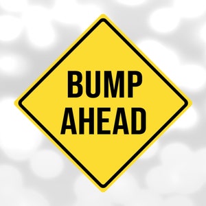 May include: A yellow diamond-shaped road sign with black text that reads "BUMP AHEAD".