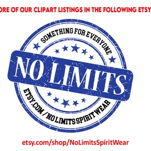 Peut inclure: Un tampon bleu et blanc vieilli avec le texte "SOMETHING FOR EVERYONE NO LIMITS ETSY.COM/NOLIMITSSPIRIT WEAR" et le texte "etsy.com/shop/NoLimitsSpiritWear" en dessous du tampon.