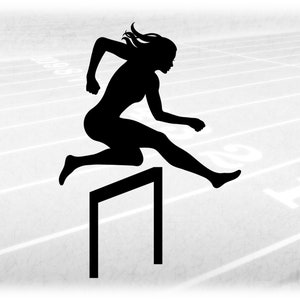 Sports Clipart: Black Silhouette of Track & Field Female / Woman Hurdler with Long Hair Jumping Hurdle - Digital Download svg png dxf pdf
