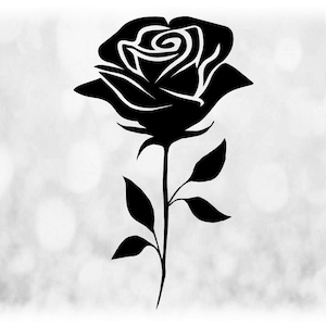 Nature Clipart: Large Black Only Simple, Easy, Beautiful Full Bloom Rose on Stem with Decorative Leaves - Digital Download SVG & PNG