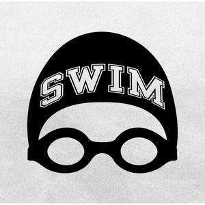 May include: Black and white illustration of a swimmer's cap with the word "SWIM" printed on it. The cap is paired with a pair of goggles.