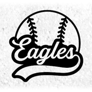Sports Clipart: Black Baseball Silhouette with Team Name "Eagles" in Script Baseball Style with Swoosh - Digital Download svg png dxf pdf