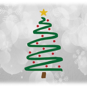 Clipart per le vacanze: Doodle marrone / verde, schizzo marcatore, albero di Natale sempreverde di pino ondulato con lampadine rosse con stella d'oro - Download digitale SVG / PNG