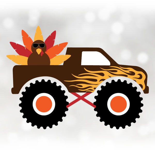 Holiday Clipart: Fall Colors Monster Truck with Funny Cool Cartoon Turkey with Sunglasses in the Bed/Back - Digital Download svg png dxf pdf
