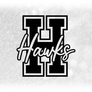 Sports Clipart: Black Script "Hawks" Team Name Cutout of Large Varsity Style Capital Letter "H" - Digital Download svg png dxf pdf
