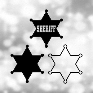 Shape Clipart: Zwart Effen / Outline 6-punts Gelijkzijdig Sheriff's Badge Star met ronde tips - "Sheriff" Cutout - Digitale Download SVG & PNG