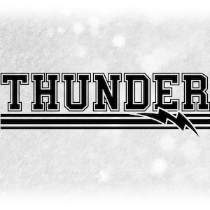 Sports Clipart: Black Bold "Thunder" Team Name in Varsity Style above Stripes w/ Lightning Bolt Cutout - Digital Download svg png dxf pdf