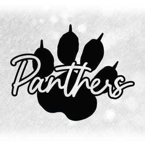 Sports Clipart: Black Script "Panthers" Team Name Cutout of Silhouette of Cat Paw Print with Claws - Digital Download svg png dxf pdf