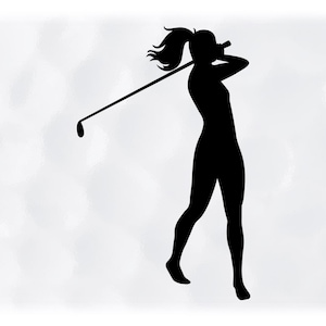 Sports Clipart: Black Silhouette of Female Golfer Finishing Golf Swing for Teams, Coaches, Parents - Digital Download svg png dxf pdf